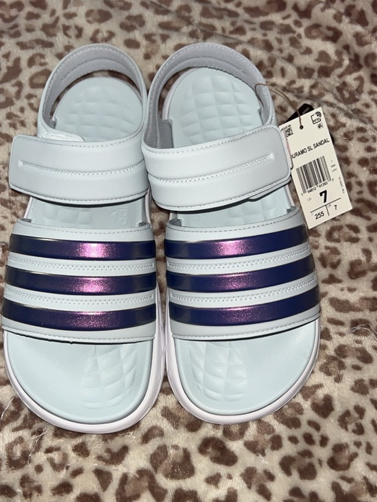 adidas Shoes - Adidas women White/blue Sandals with Iridescent purple Stripes